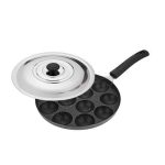 Attro Aluminium Non-Stick Heavy Duty 12 Cavity Appam Patra Paniyarakkal One Side Handle With Steel Lid And Wooden Picker, Spatter Finish, (Marble Grey, Standard) Atr-Apm-12-One-Hn-Dl