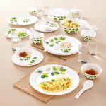 Larah By Borosil Green Leaves Silk Series Opalware Dinner Set | 40 Pieces For Family Of 6 | Microwave & Dishwasher Safe | Bone-Ash Free | Crockery Set For Dining & Gifting | Plates & Bowls | White