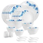 Cello Opalware Dazzle Series Blue Swirl Dinner Set, 35Pcs | Opal Glass Dinner Set For 6 | Light-Weight, Daily Use Crockery Set For Dining | White Plate And Bowl Set