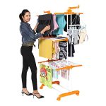 Happer Premium Clothes Stand For Drying With Wheels | Portable | 3 Layer Rack For Balcony | Foldable Wings | 24 Hanger Rods | Anti Rust Steel Metal (Orange | Prince Jumbo)