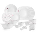 Cello Opalware Dazzle Series Lush Fiesta Dinner Set, 35Pcs | Opal Glass Dinner Set For 6 | Light-Weight, Daily Use Crockery Set For Dining | White Plate And Bowl Set