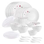 Cello Opalware Dazzle Series Lush Fiesta Dinner Set, 35Pcs | Opal Glass Dinner Set For 6 | Light-Weight, Daily Use Crockery Set For Dining | White Plate And Bowl Set