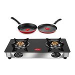 Pigeon By Stovekraft 2 Burner Glass Cook Top Gas Stove (Manual Ignition), Tawa With Stainless Steel Body And Nonstick Fry Pan Cookware Combo (Black, 240Mm, 250Mm, 14722)