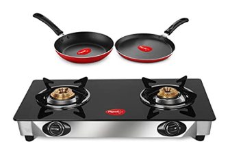 Pigeon By Stovekraft 2 Burner Glass Cook Top Gas Stove (Manual Ignition), Tawa With Stainless Steel Body And Nonstick Fry Pan Cookware Combo (Black, 240Mm, 250Mm, 14722)