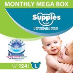 Supples Premium Diapers, Large (L), 124 Count, 9-14 Kg, 12 Hrs Absorption Baby Diaper Pants