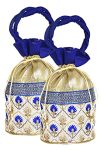 Fun Homes Embroidered Design Potli Bags Handbags For Women Gifting Wristlets For Wedding, Festival, Kitty Subh Shagun-Pack Of 2 (Blue)