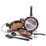 Milton Pro Cook Kitchen Jewel Set Of 5 (Fry Pan 24 Cm/1.6 Litres; Kadhai 24 Cm/2.5 Litres With Glass Lid; Tawa 25 Cm; Nylon Laddle And Spatula), Peach | Induction | Dishwasher | Hot Plate | Flame Safe