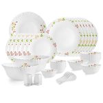Cello Opalware Dazzle Series Secret Garden Dinner Set, 35Pcs | Opal Glass Dinner Set For 6 | Light-Weight, Daily Use Crockery Set For Dining | White Plate And Bowl Set