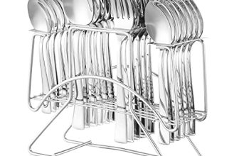 Amazon Brand – Solimo 25 Piece Cutlery Set With Stand | 6 Tea Spoons, 6 Snack Spoons, 6 Spoons & 6 Forks | Mirror Finish