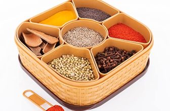 Primelife Plastic Square 7 Sections Multipurpose Masala Rangoli Dabba Box Set, Spice Box Set – Brown (Masala Box – 7 In 1)