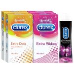 Durex Pleasure Packs (Condoms – 10 Count (Pack Of 2, Extra Thin), Condoms – 10 Count (Pack Of 2, Extra Ribbed), Pleasure Gel – 50 Ml (Tingle))