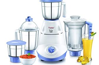 Prestige Iris 750 Watt Mixer Grinder With 3 Stainless Steel Jar + 1 Juicer Jar (White And Blue)