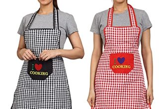 Jmi Cotton Checkered Design Waterproof Apron With Multipurpose Front Large Embroidered Pocket Pack Of 2 (Red & Black)