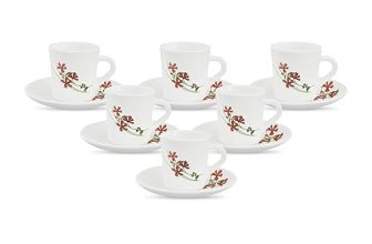 La Opala, Melody Collection, Opal Glass Cup & Saucer Set Fontana 12 Pcs, Coral Charm, White