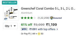 Greenchef Pressure Cooker Combo (2L, 3L, 5L) at 1199.Bajaj Combo at 1499 :