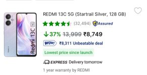 Price Dropped | Redmi 13C 5G (4GB , 128GB) @8749.Link: