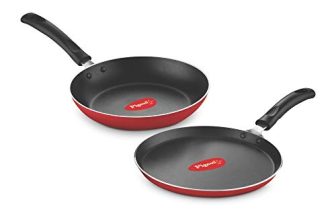 Pigeon Aluminium Nonstick Duo Pack Flat Tawa 250 And Fry Pan 200 Gift Set (Red)