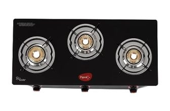 Pigeon By Stovekraft Aster 3 Burner Gas Stove With High Powered Brass Burner Gas Cooktop, Cooktop With Glass Top And Powder Coated Body, Black, Manual Ignition, Standard (14267)