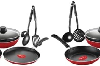 Pigeon By Stovekraft Mio Nonstick Aluminium Cookware Gift Set, Includes Nonstick Flat Tawa, Nonstick Fry Pan, Kitchen Tool Set, Kadai With Glass Lid, 8 Pieces Non-Induction Base Kitchen Set – Red