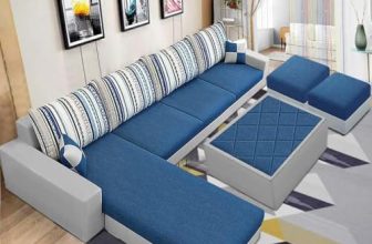 Casastyle Adonia 8 Seater Fabric Lhs Sectional L Shape Sofa Set With 1 Centre Table & 2 Puffy (Dark Blue- Light Grey)