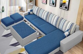 Casastyle Adona 8 Seater Fabric Rhs Sectional L Shape Sofa Set With Centre Table & 2 Puffy (Dark Blue- Light Grey)