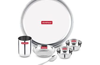 Storehaus 6 Pieces Smart Stainless Steel Dinnerware/Dinner Set – 1 Thali, 1 Halwa Plate, 2 Bowl, 1 Glass, 1 Spoon, Kitchen Set For Home, Restaurants, Family – Silver