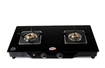 Hornbills Auto Ignition Stainless Steel Glass Top 2 Burner Gas Stove With Heavy Square Pan Support Black, Lpg (Isi Certified, Black)- 2 Year Warranty By Hornbills Appliances