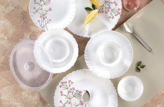 Larah By Borosil Silk Series Red Bud Opalware Dinner Set With Steel Spoon | 55 Pcs For Family Of 8 | Microwave & Dishwasher Safe | Bone-Ash Free | Crockery Set For Dining & Gifting | Plates & Bowls