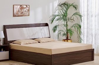 Home Centre My Bed Tulip Queen Bed With Hydraulic And Headboard Storage – Brown And White