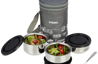 Amazon Brand – Solimo Stainless Steel Lunch Box Set Of 4 With Fabric Bag | 3 Containers (370Ml, 270Ml & 270Ml) & 1 Spoon | Bpa Free Lids | Leak Proof | Easy To Clean | For Office, School, Travelling