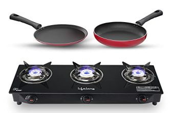 Lifelong Llcmbgs03 Manual Ignition High Efficiency 3 Burner Glass Top Gas Stove For Lpg Use With Dosa Tawa And Fry Pan Combo (Black)