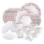 Cello Opalware Dazzle Series Red Rose Fantasy Dinner Set, 57Pcs | Opal Glass Dinner Set for 8 | Light-Weight, Daily Use Crockery Set for Dining | White Plate and Bowl Set