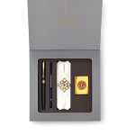 Parker Vector Fountain Pen, Refillable, Gold Trim, Stainless Steel with Free Wallet, Gold Nib (1 Count, Ink – Blue), Ideal for Gifting, Luxurious Pen for Professionals