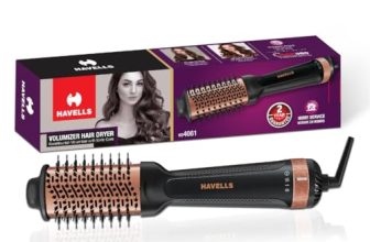 Havells HD4081 Professional Volumizer Hair Dryer, KeraNourish Ceramic Coating Brush Head, 1200 Watts, Ionic Care, Nylon Bristles,Cool Tip with Stand Support