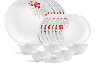CELLO Scarlet Bliss Dazzle Series Opalware Dinner Set of 18 Pieces for Family of 6 | Bone-Ash Free & Leadfree Opal Glass, Microwave & Dishwasher Safe, Plates & Bowls Crockery Set for Dining & Gifting