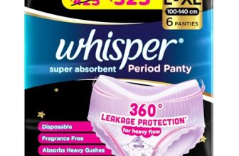 Whisper Super Absorbent Period Panty, 6 L-XL Pants, 360 Degree Leakage Protection* for Heavy Flow, Panty like Fit, Full back Coverage, Absorbs Heavy Gushes, Silky Soft, Comfortable Feel
