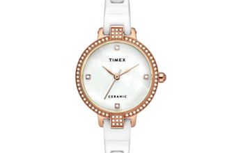 TIMEX Analog Watch for Women with Mother of Pearl White Round Dial & White Ceramic Bracelet Band Water Resistant Women’s Wrist Watches – TWEL15700