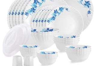 CELLO Blue Swirl Dazzle Series Opalware Dinner Set of 37 Pieces for Family of 6 | Bone-Ash Free & Leadfree Opal Glass, Microwave & Dishwasher Safe, Plates & Bowls Crockery Set for Dining & Gifting