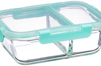 Amazon Brand – Solimo Microwave Safe Two Compartment Lunch Box Set for Office | Borosilicate Glass | Safety Lock Airtight Tiffin Containers (900 ml) | Transparent | Slim Design