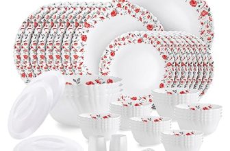 Cello Opalware Dazzle Series Red Rose Fantasy Dinner Set, 57Pcs | Opal Glass Dinner Set for 8 | Light-Weight, Daily Use Crockery Set for Dining | White Plate and Bowl Set