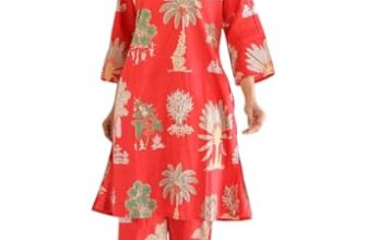 LookMark Women Viscose Rayon Leafy Printed Stitched Kurta with Pant | Red Color Kurta Set | Kurta with Pant Set for Woman | Printed Kurta Set_(AZ-LM-OG1-KS2248-M)