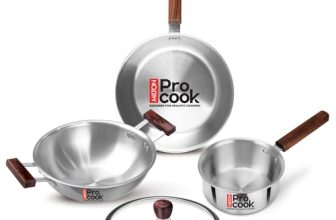 Milton Pro Cook Triply Stainless Steel 4 Pc Cookware Set | 24cm Kadai with Lid, 22cm Frypan, 16cm Tea Pan | Induction & Gas Compatible | Fast Heating | Sturdy Wooden Handle | 3-Year Warranty – Silver