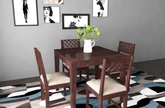 Custom Decor Solid Sheesham Wood Four Seater Dining Table Set with 4 White Colour Cushion Chairs for Dining Room Living Room Home