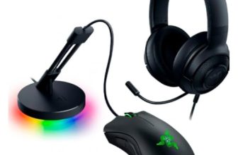 Razer Game On Bundle Gaming Combo with DeathAdder Essential Wired Mouse, Kraken X Lite Lightweight Gaming Headset, Mouse Bungee V3 Chroma, 6400 DPI Optical Sensor, 40mm Drivers, Black – NASA Packaging