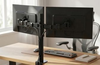 amazon basics Dual Monitor Stand – Height-Adjustable Arm Mount, Steel (Self Installation)