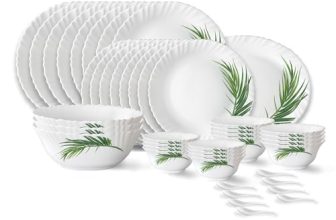 Larah by Borosil Crescent Fluted Series Opalware Dinner Set | 44 Pieces for Family of 8 | Microwave & Dishwasher Safe | Bone-Ash Free | Crockery Set for Dining & Gifting | Plates & Bowls | White