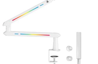 Audio Array AA-19WL RGB Low Profile Boomarm Stand with Riser | 71cm reach & 20 RGB lighting effects & Built-In Cable Management | Matte finish with Flexible adjustments | 2Kg Weight Capacity | White