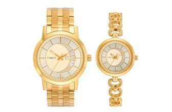 TIMEX Classics Analog Watch for Unisex with Champagne Round Dial & Gold Stainless Steel Bracelet Band Water Resistant Unisex Wrist Watches – TW00PR229