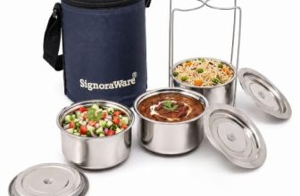 SignoraWare Fine Meal Stainless Steel Lunch Box | Airtight & Leakproof Lid | Compact & Lightweight | Tiffin for Office, School & Travel Use (300ml x 3 | Set of 3 | Steel)