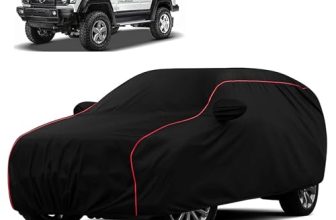 Sulfar 100% Water Resistant Car Body Cover Compatible with Mirror for Force Gurkha (Triple Stitched, Full Bottom Elastic, Black with Red Piping)